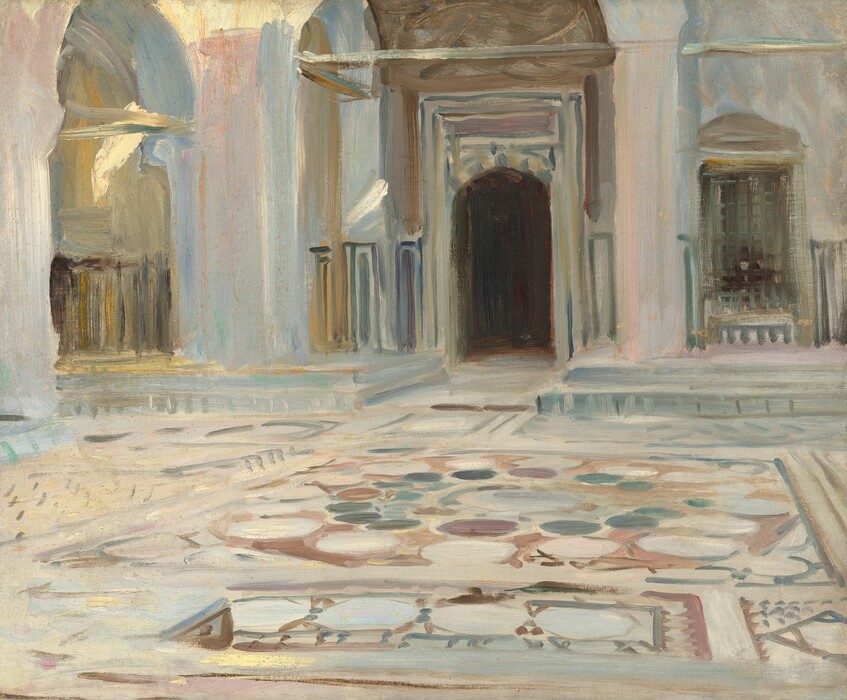 This nearly square, sketchy painting shows the interior of an empty courtyard, created in milky tones of oatmeal brown, ivory, muted brick red, eucalyptus green, and slate blue. We look across a floor patterned with round and octagonal stones. Across from us, a darkened, arched doorway is set into a larger, lighter arched opening. A niche or a window to our right is covered with a lattice. To our left, another arched opening angles toward us and to our left. It opens onto an indistinct space filled with golden light. Lighter strokes of pale mauve pink and warm parchment yellow on the face of the arch to our left suggests sunlight sifting into the interior space. Brushstrokes are visible throughout.