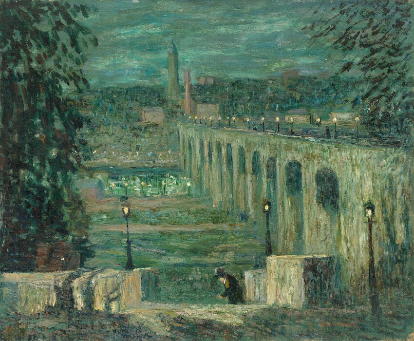 A nearly square landscape with a bridge to our right and a person walking at the lower center is painted loosely in tones of pine, spruce, and sage green with a few touches of yellow, black, and brown. Along the bottom of the canvas, a walkway or road close to us leads back to blocky forms on either side of a gap, perhaps a staircase leading down or a walkway set below our level. Within that gap and shown from the thighs up on the far side of the dip, the person has light-toned skin and wears a dark coat and gray hat. They stoop as they walk to our left, facing that direction in profile. Three streetlights in this area glow yellow. A tree rises along the left side of the composition, and the bridge stretches from the right edge of the composition into the distance at the center of the painting. Tall arches hold up the high deck, which is lined with more streetlights. Touches of black paint could be people moving along the bridge. A low area beyond the person and under the bridge is hard to interpret. Painted with streaks of green, peanut brown, and cobalt blue, it could be water darkened by nighttime or a grassy expanse. Two tall, tower-like structures rise high above a few other buildings on the far side of the bridge. The sky is streaked with forest and turquoise green and topaz blue. The artist signed the lower right corner in red paint, “E. Lawson.”