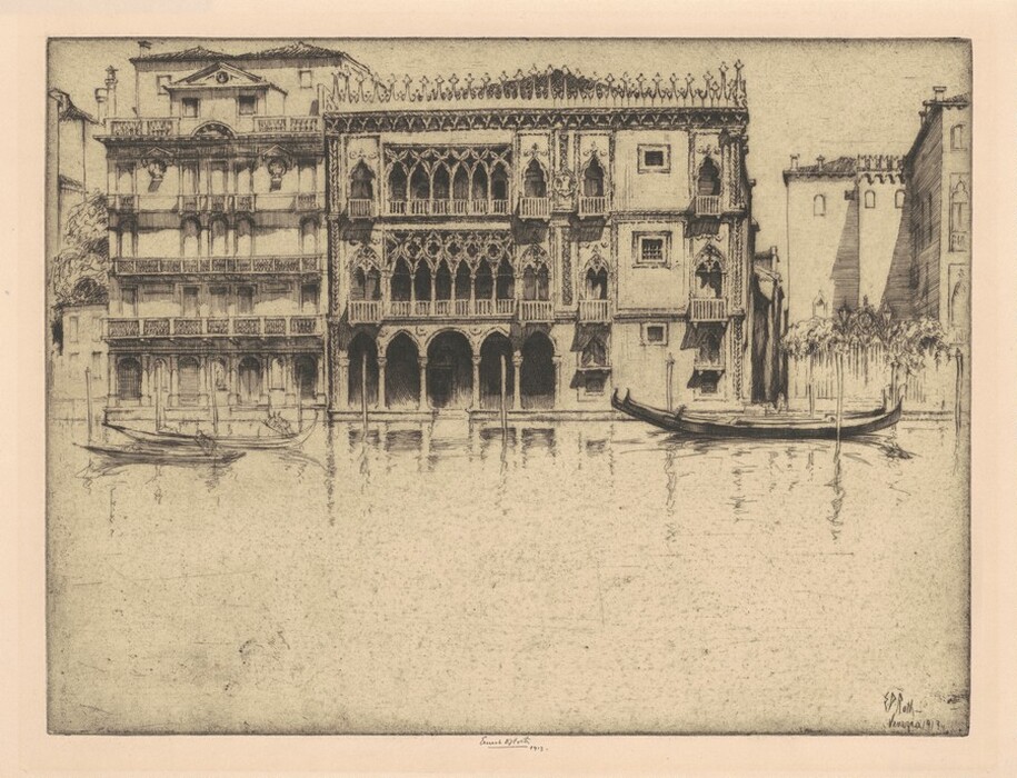 The image showcases a detailed view of a Venetian scene from the water, with grand buildings lining the canal. The horizon is high, defined by rooftops and distant structures. The intricate facades of the buildings display arched windows and ornate balconies. The brushstrokes and etching style focus on line detail, bringing out the texture of the buildings and water surfaces. The color palette is monochromatic, using shades of brown and beige. Two gondolas are on the water, aligning with reflections of the structures above. More buildings and narrow passages suggest the continuation of the canal cityscape.