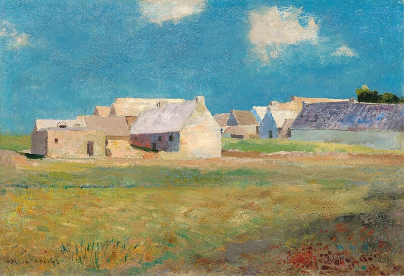 We look across an ochre-yellow field to a band of pearl-white buildings under an azure-blue sky in this horizontal landscape painting. Flecks of red in the lower right corner could be flowers. Some of the buildings have tan or silvery-gray roofs, and the faces are in blue shadow. The horizon comes about halfway up the composition, and a few round white clouds trundle across the vivid blue sky. The scene is painted with visible, textured brushstrokes throughout. The artist signed the lower left corner, “ODILON REDON.”