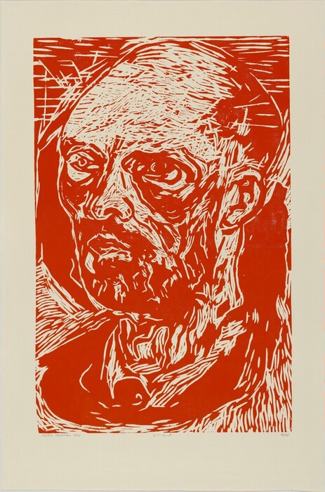 Printed in burnt orange on cream-white paper, the head and neck of a man facing our left is created with visible, slashing gouges in this vertical woodcut. The man is balding or has a high forehead and  hollow eyes, high cheekbones, and a twisted, small mouth. The artist signed and dated the sheet under the printed image in the lower left corner, “Roger Herman 1983.” Other graphite inscriptions include “Vincent” under the center and “10/10” under the lower right corner.