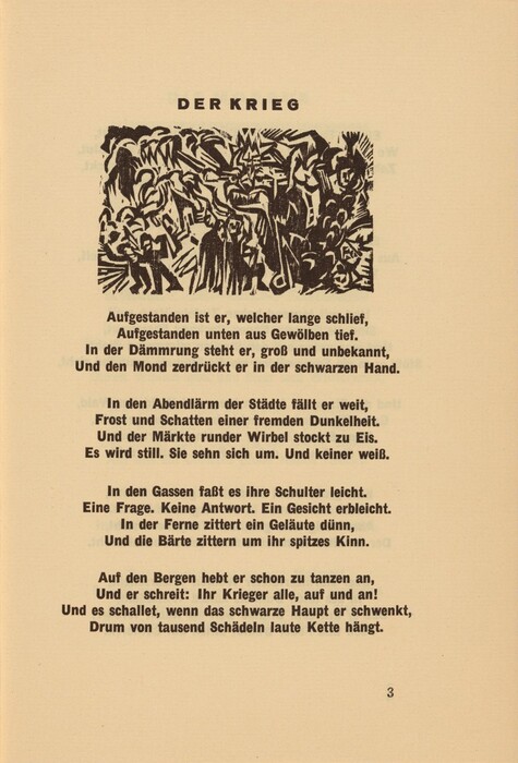 This is a drawing of an abstract scene along with text. The image contains a black and white illustration above a poem or text titled "Der Krieg." The drawing features an abstract arrangement of figures and forms blending into one another, with dynamic elements suggesting movement. Below the illustration, the text is laid out in stanzas and is in German. The composition likely aims to evoke themes related to conflict, upheaval, or internal struggles. The use of black and white enhances the stark nature of the themes presented.