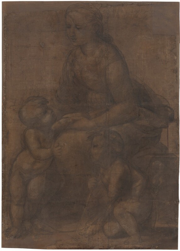Drawn with gray chalk lines and smudges against dark tan paper, a woman sits facing to our left on a low wall, with two toddler-aged babies at her feet, filling this vertical drawing. Their bodies are outlined with smoke-gray lines and filled in with paler gray areas, giving the drawing an almost ghostly look against the dark paper. Both children have short hair and rounded, pudgy bodies. The woman has a subtly rounded figure, a straight nose, and smooth cheeks; her bow lips are closed. Her wavy hair is loosely pulled back and tied at the nape of her neck. Her dress, with a scooped neckline, is cinched at the waist before flaring into a voluminous skirt. She smiles down at the nude baby who stands to our left, looking up at her and leaning against her knees with his weight mostly on his right foot. Her left hand holds his left arm, which reaches across her lap toward a book she presses against her side with her left forearm. His right hand touches her left knee, nearest us, and her right hand passes behind him to caress his shoulders. The second child kneels in a crouch near the woman’s legs, to our right. Leaning on a slender staff like a walking stick, he wears a garland of leaves in his hair and looks up toward the other boy. Chalk strokes and white highlights around his torso suggest he is wrapped in drapery. Some details are difficult to make out because some of the charcoal-gray lines are loosely sketched and retraced. The corners and edges of the paper are chipped, revealing an underlying surface to which it is attached, and there are crease lines that suggest that the paper was likely folded in the past.