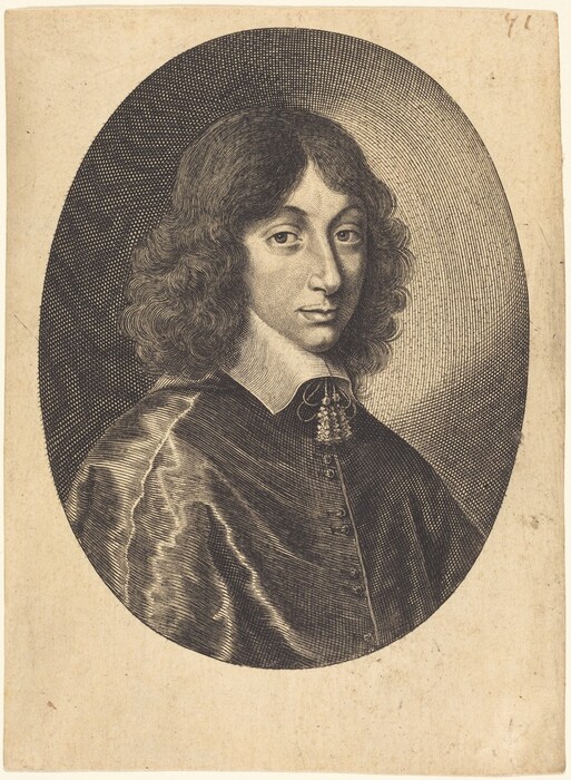 The image depicts a portrait of a person's upper body. The individual is shown in a three-quarter view facing left, with a focus on their face. They have wavy shoulder-length hair, a composed expression, a straight nose, and full lips. The person is dressed in a formal garment with a high collar and buttons, adorned with a detailed brooch or ribbon near the neck. The background features an oval pattern surrounding the subject with textured lines for depth, but no specific setting is visible.