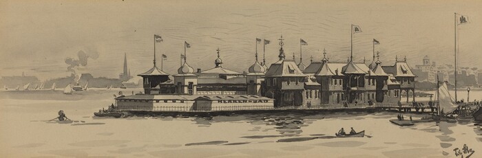 The image features a riverside pavilion overlooking a river scene. Architectural elements and nautical life are detailed. The horizon shows distant city structures and smokestacks. There are intricate buildings on the water with turrets and flags. The brushstrokes are refined and precise, emphasizing architectural details. The color palette consists of muted tones like greys. Close to the pavilion, small boats with figures are on the water. In the distance, more boats are visible along with a cityscape.