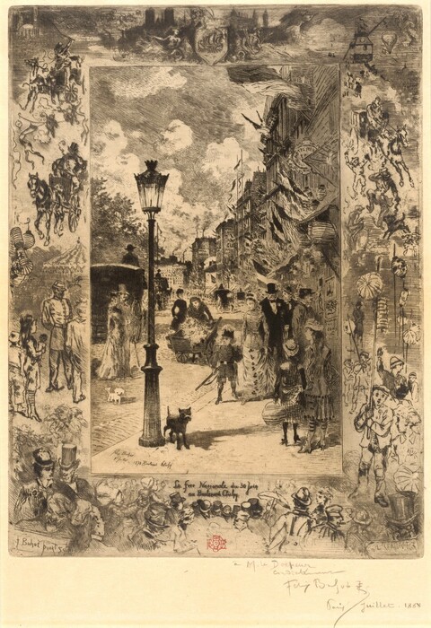 This is a drawing of an urban scene. The central image shows a bustling street with a prominent lamp post dividing the scene. The street features figures in Victorian-era attire, a small dog, and buildings draped in flags. The image is surrounded by a border showing scenes of carriages, riders on horseback, and leisure activities. The style of the drawing evokes urban life with social interactions and a festive atmosphere.