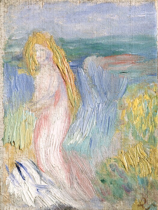 A nude woman with long blond hair stands in front of a landscape in this vertical painting. Brushstrokes are visible and textured throughout so details are loosely painted and indistinct. The woman’s body is painted in shades of pale and shell pink, and a few strokes suggest an arm wrapped across her middle and two legs. Next to her, in the lower left corner of the canvas, is an area painted thickly with white and blue brushstrokes. Behind the woman, there appears to be a light blue body of water. Soft horizontal green and red strokes just above it may represent land, merging with a light blue horizon. On the right of the canvas, bright yellow dashes suggest flowers. The artist signed the lower right corner with a cursive “R.”