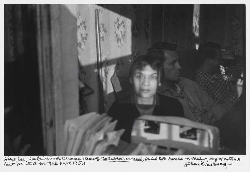 Alene Lee, her friend Jack Kerouac, time of "The Subterraneans," friend Bob Merims in shadow, my apartment East 7th Street New York Fall 1953.