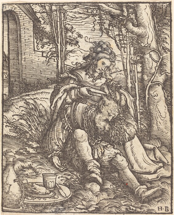 This print shows two figures in an outdoor setting. In the center, a woman sits or kneels on grass, wearing a long dress with a low neckline and draped sleeves. Her curly hair is partially styled into an updo, with some stands falling around her face and down her back. She looks downward at the man who sits at her feet. He has a full, white beard and curly hair, a handful of which he holds up in one hand. The woman holds a pair of shears to the strands of hair, appearing to cut them. Part of his hair has already been cut short. The man is wearing a ruffled tunic with thin trousers and sturdy boots. He looks down at the ground. On the ground in the bottom left corner, there is a bottle, cup, and stacked plates with food scraps and a small knife. In the top left is a brick wall with an arched opening, and on the right are some tall, leafy trees in front of a cloudy sky.