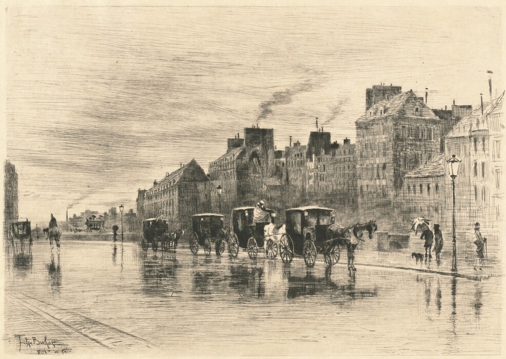 The image shows a street scene with a slightly elevated point of view looking down a thoroughfare to the left. The horizon line is near the center of the drawing, aligning with the rooftops of the buildings. Carriages are parked along the street, receding toward the vanishing point on the left side. Smoke rises from chimneys, contributing to the urban atmosphere. The style features fine linework creating a textured scene, resembling a sketch or etching. The color palette is monochrome with shades of gray for depth and contrast, and wet streets reflect the surroundings. Figures walk with umbrellas while carriages line the street, suggesting rain. Farther away, more carriages follow the curve of the street, disappearing behind buildings.