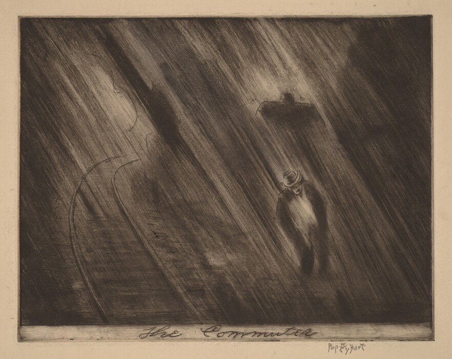 This is a drawing of a person walking in the rain. The scene is enveloped in diagonal streaks that give the impression of heavy rain. The central figure appears to be wearing a hat and coat. There is a dark object present, and another shape fades into the background on the left side. The overall tone is somber, with heavy use of dark tones and diagonal lines conveying movement. The composition suggests a narrative of solitude or determination in the face of adversity.