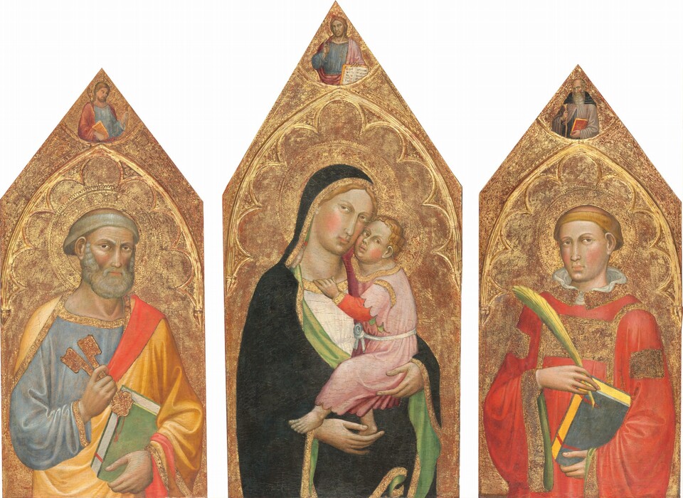 A central panel showing a woman holding a baby is flanked by slightly smaller panels, which each show a man. All three adults are shown from the hips up in front of gold backgrounds and have pale skin and gold halos. Gilded molding creates a pointed arch over each man and over the woman and baby. Each panel also has a triangular top, and a person, tiny in relation to the main figures below, is tucked into each pointed tip. Those smaller figures also have gold halos and are shown from the hips up in front of gold backgrounds. In the center panel, the woman’s body is angled slightly to our right, but she looks off to our left from the corners of her brown eyes. Her thin eyebrows are low over her almond-shaped eyes, and she has a long, straight nose and a narrow, square jaw. Her blond hair is mostly covered by a dark blue cloak, which is edged in gold and lined in leaf green. Her white dress underneath is also lined with gold along the neckline. The baby wraps one arm around her neck and grips the neckline of her dress with the other. He has a round face but with an adult-like nose and lips. His blond hair curls in short layers over his ears. He wears a pink robe tied with a white sash. The robe has scallop-edged, short sleeves over coral-red long sleeves, also edged with gold. The woman supports the baby’s bottom with one hand and holds one of his bare feet with her other. The third person on this panel, in the pointed peak, is a clean-shaven man with long, wavy blond hair. His body and face are square to us, but he looks off to our right from the corners of his eyes. He wears a pale blue robe under a rose-pink cloak. He braces an open book so the written text on the splayed pages faces us with one hand. His other is lifted with the first two fingers raised. In the left panel, a bearded man holds two oversized gold skeleton keys and a book. His body is angled slightly to our right, but he looks off to our left from the corners of his brown eyes. He has a thin nose with a rounded tip, full pink lips, and a full gray beard. His gray hair is cut into a ring around his head. He wears a sky-blue robe, and his buttercup-yellow cloak is lined with coral red. Both are edged with gold. In the peak above him, a man has long light brown hair and a beard. He wears a pale blue robe under a raspberry-red cloak. He holds a dark yellow book in one hand and a staff with the other. In the right panel, a clean-shaven man’s body is angled slightly to our left, but he looks off to our right from the corners of his brown eyes. He has a thin nose with a rounded tip, full pink lips, and a cleft in his round chin. His blond hair is cut into a ring around his head. His red robe is edged with gold and has rectangular gold patches on the sleeves. A white ruffled collar stands high but loosely around his neck. He braces the book, which has a slate-blue cover and canary-yellow pages, in one hand and holds a palm frond painted with yellow and spring green in the other. The person above is balding with a long gray beard and wears a muted purple robe under a black cloak. He holds a red book in one hand and a crutch with the other. The gold backgrounds are rubbed in some areas to show the red layer beneath, especially under the pointed arches.