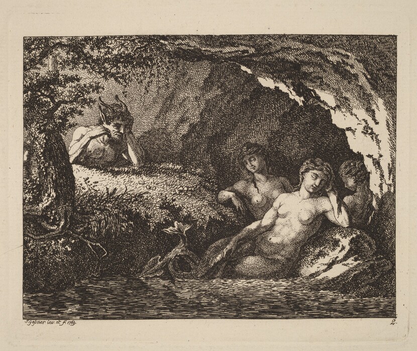The image depicts mythical creatures in a natural setting. A creature with horns rests on a grassy knoll beneath a tree, observing a group in the nearby water. In a grotto or cave-like area, three figures appear, partially submerged in water. The scene is densely etched, capturing textures of trees, grass, and flowing water. The creatures, with humanoid features, add a mythical ambiance to the scene. The drawing utilizes light and shadow to create depth and mood.