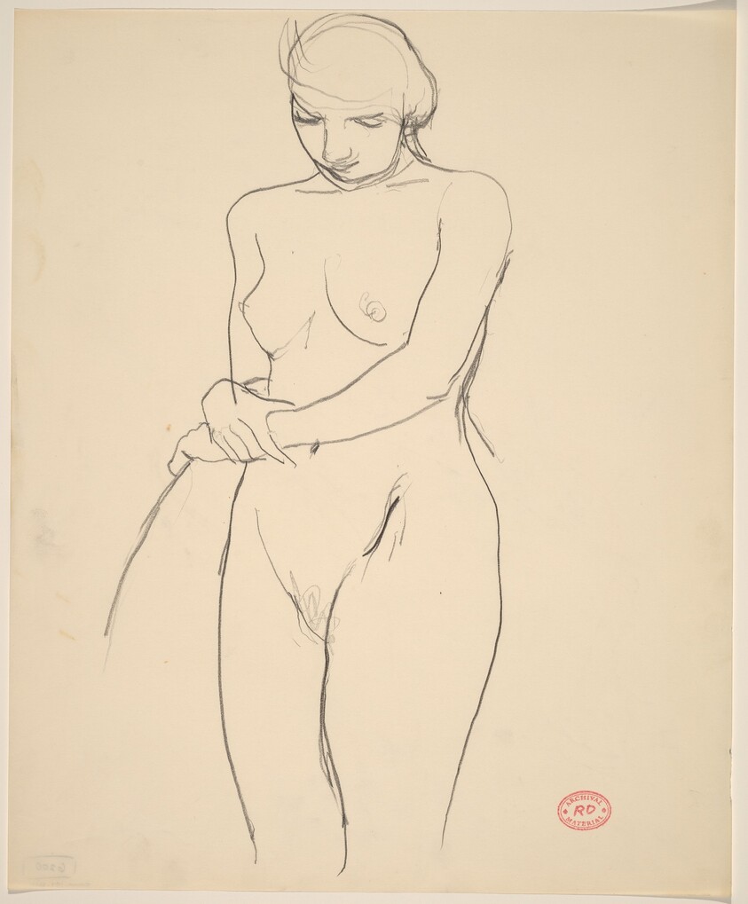 Untitled [standing female nude with hand on chair back]