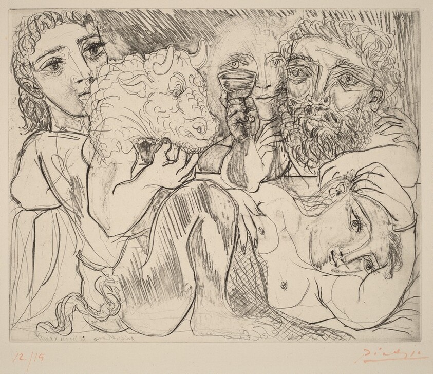 Marie-Thérèse Dreams of Metamorphosis: She and the Sculptor Drink with a Young Greek Actor Playing the Role of the Minotaur (Marie-Thérèse rêvant de métamorposes: elle-même et le sculpteur buvant avec un jeune acteur grec jouant le rôle du minotaure)