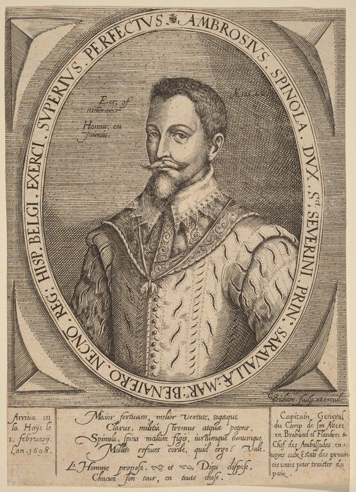 The image is an engraving of a man in historical attire. The man is depicted in a formal pose, facing slightly to his left with his head turned towards the viewer. He has a pointed beard and mustache, styled in a distinguished manner, and short, wavy hair. The man is wearing a high lace collar and a buttoned doublet with detailed embroidery. There is no visible jewelry on him, and he is not holding any objects. The background consists of a simple, patterned design with inscriptions surrounding the oval frame. The engraving is set within a larger rectangular framework with additional text at the bottom.