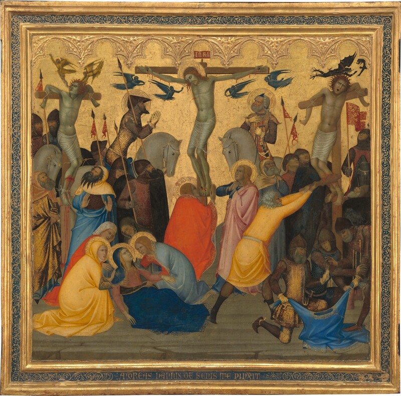 Three men hang on wooden crosses above people crowded below in this square panel painting. The crucified men wear only white cloths across their hips, and their pale skin has a noticably green cast. A halo encircles the bent head of the man on the middle cross, Jesus, who wears a ring of thorns in his long, red hair. Blood trickles down his forehead and drips from nails driven through his hands and overlapped feet, and from a gash over his right ribs, to our left. Four miniature, winged angels are painted entirely in tones of dark cobalt blue fly in pairs on either side of his body. An inscription over the top of the cross reads “INRI” in gold letters against a red field. The other two crosses are spaced evenly to either side. The men are tied with their elbows hooked unnaturally back over the crossbeams and wounds on their broken shins pour blood. The man to our left tilts his head up as one small, golden angel touches the back of his head and the other lifts a miniature version of the man from his parted lips. To our right, the man’s eyes roll back and his mouth gapes open as two black, winged creatures like dragons fly overhead. In the bottom left corner, a group of four women comfort a recumbent woman with long blond hair wearing a blue cloak. In the right corner, a group of three men tug at a blue tunic, as they draw straws from one man’s fist. Other men and women, a few with gold halos, cluster at the feet of the crosses, wearing robes and armor in shades of buttercup yellow, coral and brick red, light and lapis blue, and brown. The panel is in a gold frame inset with a band of lapis blue with a scrolling, leafy design in gold.