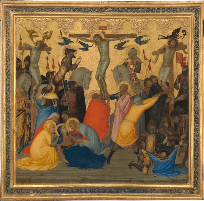 Three men hang on wooden crosses above people crowded below in this square panel painting. The crucified men wear only white cloths across their hips, and their pale skin has a noticably green cast. A halo encircles the bent head of the man on the middle cross, Jesus, who wears a ring of thorns in his long, red hair. Blood trickles down his forehead and drips from nails driven through his hands and overlapped feet, and from a gash over his right ribs, to our left. Four miniature, winged angels are painted entirely in tones of dark cobalt blue fly in pairs on either side of his body. An inscription over the top of the cross reads “INRI” in gold letters against a red field. The other two crosses are spaced evenly to either side. The men are tied with their elbows hooked unnaturally back over the crossbeams and wounds on their broken shins pour blood. The man to our left tilts his head up as one small, golden angel touches the back of his head and the other lifts a miniature version of the man from his parted lips. To our right, the man’s eyes roll back and his mouth gapes open as two black, winged creatures like dragons fly overhead. In the bottom left corner, a group of four women comfort a recumbent woman with long blond hair wearing a blue cloak. In the right corner, a group of three men tug at a blue tunic, as they draw straws from one man’s fist. Other men and women, a few with gold halos, cluster at the feet of the crosses, wearing robes and armor in shades of buttercup yellow, coral and brick red, light and lapis blue, and brown. The panel is in a gold frame inset with a band of lapis blue with a scrolling, leafy design in gold.