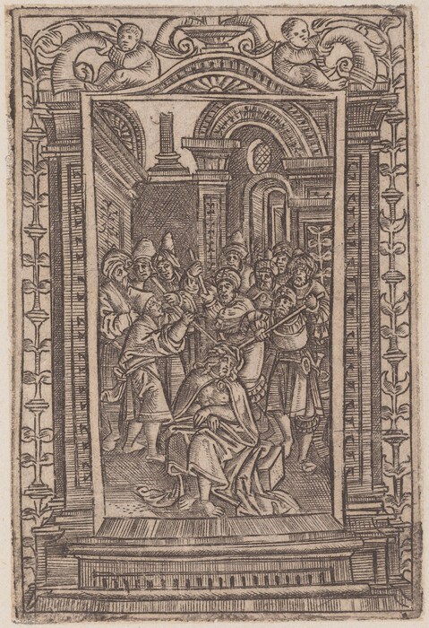 This is a drawing showing a group scene within an architectural setting. Multiple figures are depicted in a detailed interior. The figures are closely gathered and engaged in action. The scene is enclosed within a decorated frame resembling an architectural archway. The drawing includes sculptural motifs and decorative elements. Cherubic or putti figures are depicted above the scene. The line work is detailed, capturing the textures of the architecture and figures' garments.
