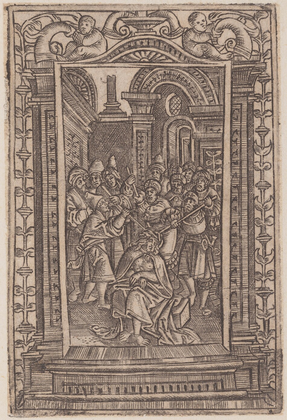 This is a drawing showing a group scene within an architectural setting. Multiple figures are depicted in a detailed interior. The figures are closely gathered and engaged in action. The scene is enclosed within a decorated frame resembling an architectural archway. The drawing includes sculptural motifs and decorative elements. Cherubic or putti figures are depicted above the scene. The line work is detailed, capturing the textures of the architecture and figures' garments.