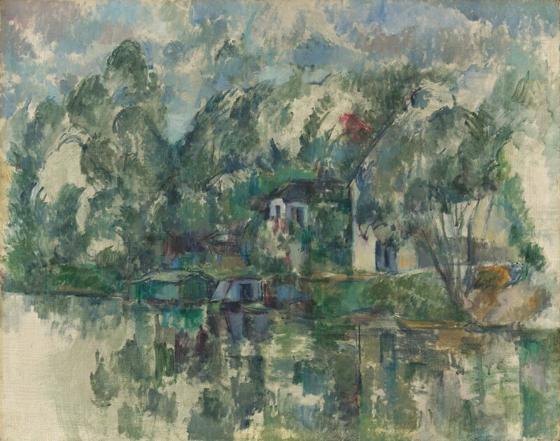 We look across a body of water at two houses, some smaller outbuildings, and a houseboat along the far bank in this abstracted, horizontal landscape painting. Painted with thin, loose strokes of moss and pine green, pale topaz and denim blue, and black, many of the details are indistinct. The cream-white houses have dark roofs and are nearly engulfed by tall, lush trees that reach nearly to the top of the canvas. Fog-gray clouds float against a watery blue sky above. The green of the trees is reflected in the water below, where some of the canvas remains unpainted, especially in the lower left corner. A crimson-red blotch appears over the houses.