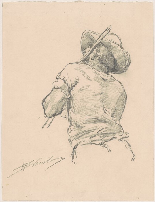 The image is a sketch showing an upper body view of a person from behind. The person appears to be standing with their torso slightly bent forward and their head turned slightly to the left. The individual's facial features are not visible. They are wearing a wide-brimmed hat, a short-sleeved shirt, and their right arm is bent as if they are holding an object over their right shoulder. The background is plain and unembellished.