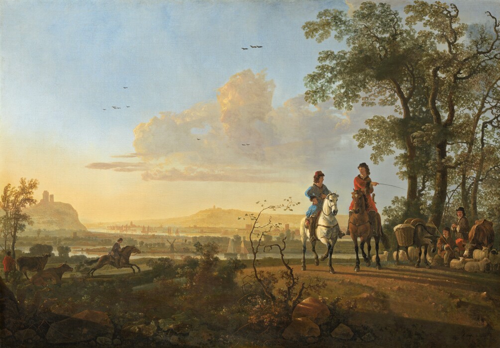 Golden sunlight pours across a landscape with three people on horseback and two more people near a flock of sheep, a cow, and a mule in this horizontal painting. The people all have pale, peachy skin. The horizon is about a third of the way up the composition and is lined with towers on distant, hazy, pale yellow hills. Two of the horses are to the right of center, both facing us. The horse on the left is white, and the rider wears an azure-blue tunic and red brimless cap. The other horse is brown with a white blaze, and its rider wears a red tunic and black cap. That second rider points with a whip to the sitting and standing people near the sheep, to the right. Those two people wear brown jackets, and the standing man has a mustache. The seated person rests a long staff over one shoulder. About half of the nine sheep there lie on the ground, and the others stand. The cow dips her head down to the sheep, and the splay-footed donkey has baskets hung to each side. This grouping is in front of a copse of tall trees that nearly reach the top edge of the composition. The third rider is to our left and a short distance away. That dark brown horse gallops to our right. A short distance away, another herdsman along the left edge of the composition wears a red tunic and brown pants, and he rests a long staff on one shoulder. One cow stands and one lies down next to that herdsman. Sunlight rakes across twigs, leafy plants, scrubby growth, and rocks in the foreground, closest to us. Sailboats float on the waterways that stretch horizontally across the painting in the distance, and the land separating those bodies of water is dotted with spires, windmills, towers, and other structures. A dozen dark birds fly high in the sky, which takes up the top two-thirds of the picture. A bank of iridescent yellow and pearly white clouds trundle across the pale blue sky. The artist signed the painting in the lower right corner, “A.cuijp.”