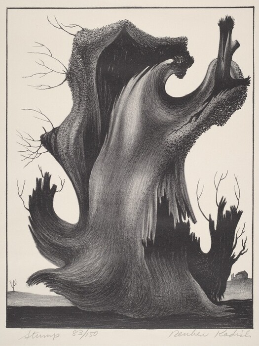 This is a drawing of a large, abstract tree stump. The drawing features a massive tree stump with a twisted and flowing texture. The bark and growth rings of the stump are intricately detailed, showing a range of textures from the coarse outer bark to the smoother inner layers. Small, barren branches protrude from the stump. The background is sparse with a simple horizon line suggesting a distant landscape with a small structure. The use of black and white emphasizes the contrast and texture, giving the stump a dramatic and imposing presence.