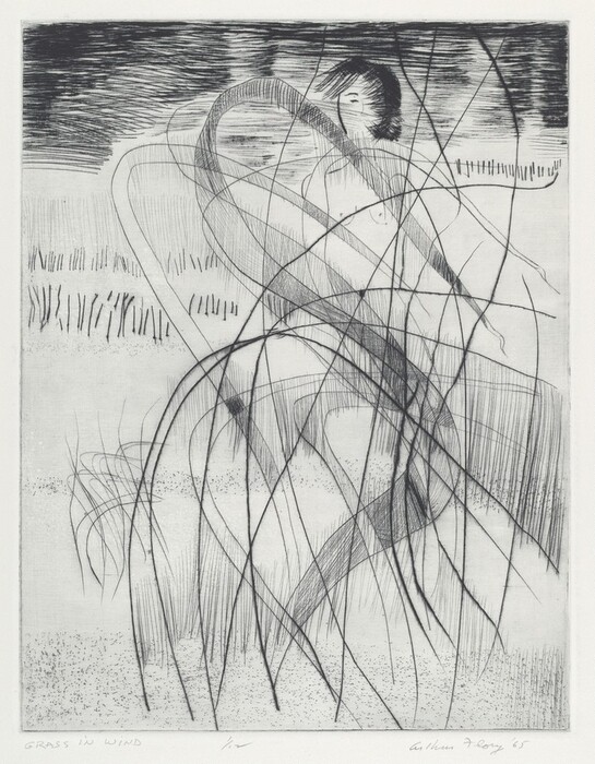 The image shows sweeping, curved lines with finer, straight lines across the canvas, creating a complex pattern. The composition evokes the movement of grass in the wind, resembling strands of hair or flowing grasses. There are hints of geometrical shapes and a shadowy figure, giving the impression of layered textures in a field on a breezy day.