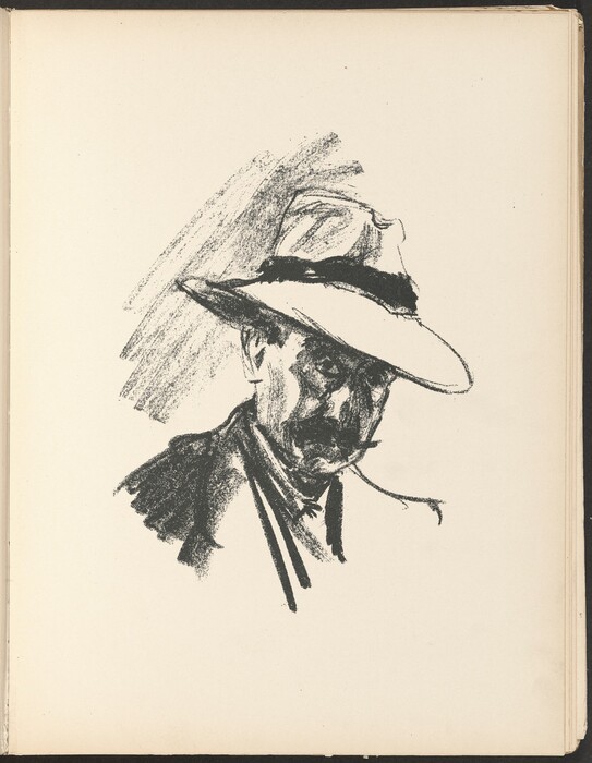 The image depicts a sketch of a man focusing on his upper body. The man's head, shoulders, and partial upper torso are highlighted. His position is slightly turned to one side, with his head tilted downward, casting a shadow across his face. The man has facial features sketched with rough lines and wears a mustache. He is depicted wearing a broad-brimmed hat with a dark band that casts a shadow over his eyes. The man's clothing appears to be a collared garment, suggested through bold strokes. The background is undecorated, and the man's outline is casually merged with some shading, with the rest left blank.