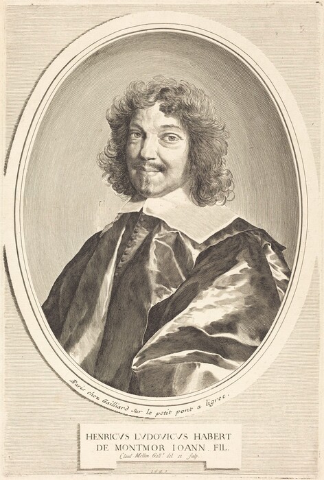 The image features an engraved portrait of a man seated and posed with his head slightly turned to the right. He has a mustache and a goatee, with curly hair that falls to his shoulders. His face is detailed, showing arched eyebrows and thoughtful eyes. He wears a robe with a wide white collar. The background includes an oval frame design around the man's face. The text below the portrait includes the name "Henricus Ludovicus Habert de Montmor Ioann. Fil." along with additional notes in Latin or possibly French.