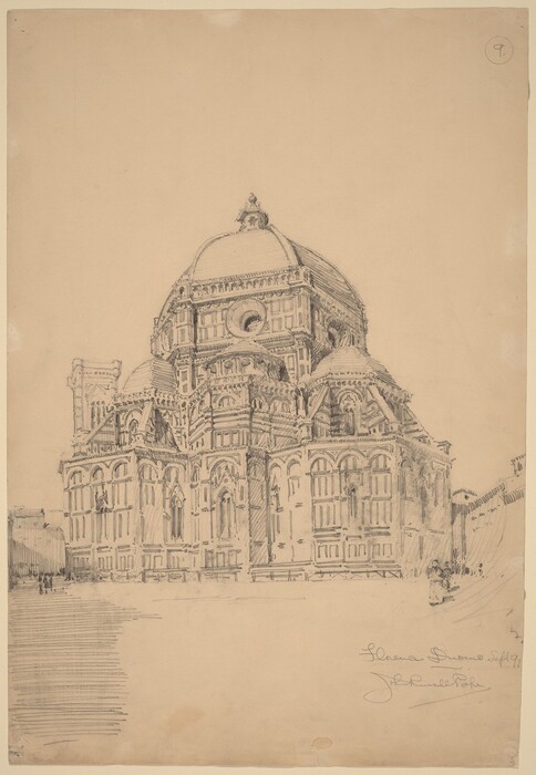 This is a drawing of an ornate domed architectural building. The drawing showcases a highly detailed and intricate style with a central dome bordered by smaller domes, archways, and facades. The building has a Gothic architectural influence with pointed arches and window tracery. The shading in the drawing enhances the three-dimensional aspects of the structure.