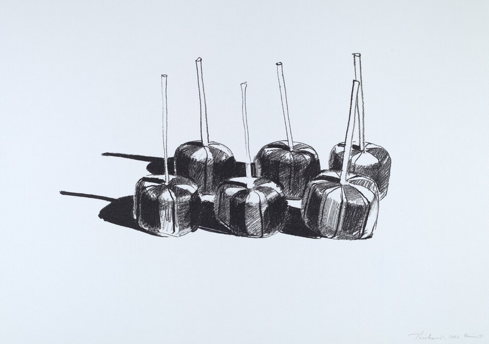 The image shows six candied apples with sticks, arranged in two rows on a flat surface. The color palette is mainly black and white, emphasizing the contrast. The apples are positioned towards the center and right side of the image, each with a long stick. Shading is used to create volume, and overlapping shadows form a pattern on the surface.