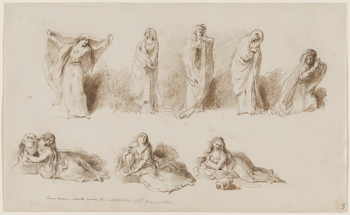 This drawing features one woman shown in eight different poses, depicted in a sketch-like style. In the top row, she is standing in five different positions, getting lower to the ground from left to right. She has long, dark hair and pale skin, and she wears a long dress with a shawl draped around her arms and shoulders. In the bottom row, she is shown sitting or reclining on the ground next to a large vase. In each of the poses, her facial expression changes; she alternates between angry, sad, relaxed, and happy. The background is plain, off-white paper.