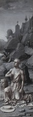 A man kneels, holding a rock to his bare chest, in a rocky landscape in this tall, vertical painting. The scene is painted entirely in white and gray. The man, Saint Jerome, takes up the bottom half of the narrow panel. He faces our left almost in profile and looks up and off in that direction. He is clean-shaven with rounded, sagging cheeks, deep-set eyes, and wispy, curly hair. A robe with deep, angular folds is open across his chest and puddles on the ground around his feet. He holds a rock to his chest with one muscular arm, and the other hangs by his side holding another rock. A flat-topped, wide-brimmed hat is on the ground in front of his knees, and a lion lies next to him, to our left. The lion’s features are flattened and rounded, with almost human eyes, mouth, and ears. A ridge of craggy boulders separates Saint Jerome and the lion from the landscape beyond. A man rides a camel next to a walking man on the far side of the ridge. The camel rider holds a whip up high, and the other man carries a basket on a long stick slung across one shoulder. A stony hill rises steeply in the near distance behind this pair. A church is cut from the rock there. On a rocky path leading to the church, the lion rests his front paws up on Saint Jerome like a dog expecting a treat. Here, Saint Jerome wears his hat and long robes. He appears again just to our left, approaching an arched door of the church. Spires and flying buttresses surround the church like lace. A river winds to another town in the deep distance to our left under a cloudy sky.