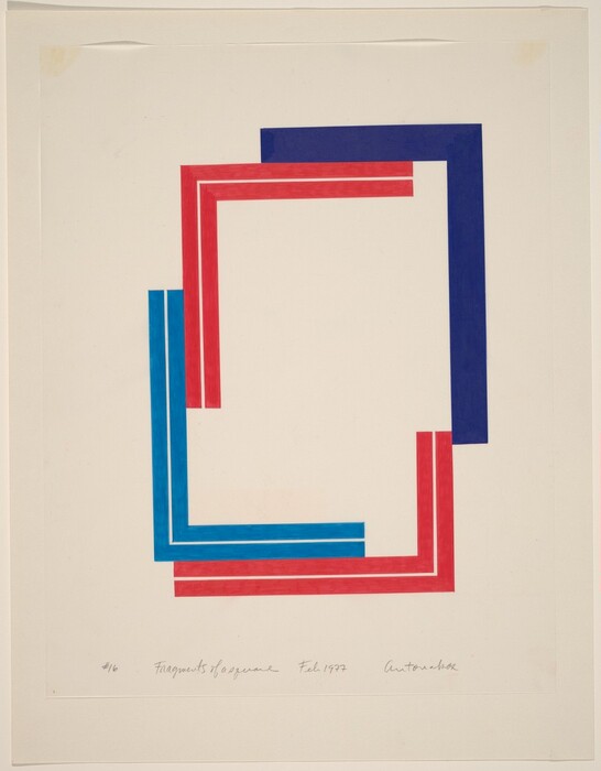 The image shows overlapping rectangular shapes made of thick, bold red and blue lines arranged in a layered stack, creating an abstract composition. The lines form a loop-like structure resembling intersecting frames or picture borders, with alternating colors and parallel lines creating depth and layering within the design.