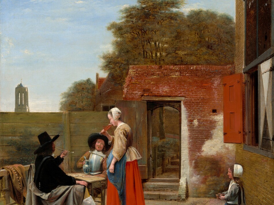 A woman stands drinking from a tall glass as two men sit at a table in a courtyard enclosed by wood paneling and brick buildings in this vertical painting. The people all have pale, peachy skin. The men, table, and woman take up the lower left quadrant of the composition. Both men wear broad-brimmed, black hats. The man closer to us, on our side of the table, faces our right in profile and holds a long white, clay pipe to his lips. He wears an ink-black jacket and tan leggings. A white stocking hangs down in a wide cuff from his knee on the leg we can see. A dove-gray cape is draped across his lap and a brown coat with gold-colored buttons is slung over a railing behind his back. Across the table, a bearded man wears a shining armor breastplate over a brown shirt. He looks up at the woman and smiles, holding a blue and white tankard with the lid flipped open in one hand. Another pipe and piece of paper sit on the narrow table between the men. The woman stands to one side of the table, facing our left in profile and the toe of her shoe touching or nearly brushing the black shoe of the man closer to us. Her brown hair is covered by a white cap, and she wears a tan-colored jacket, a long, crimson-red skirt, and an ultramarine-blue apron. Across the courtyard, in the lower right corner of the painting, a young girl also wears a white cap and blue apron but with a slate-gray shirt and laurel-green skirt. She approaches the table. A glowing ember is visible inside the ceramic brown dish she holds in both hands. The slightly uneven floor is paved with long, pale yellow bricks. A building rises to our right, a red shutter opening out from a window on the ground level. The other, closed shutter is painted with triangles of black, white, and gray. A half-wall of red brick across from us surrounds an open door, through which are stairs and a tree trunk. More trees rise above the top of that wall. Horizontal paneling encloses the courtyard to our left, behind the men. A church steeple in the distance is silhouetted against the sky over the paneling. A few wispy white clouds float across the vivid blue sky above.