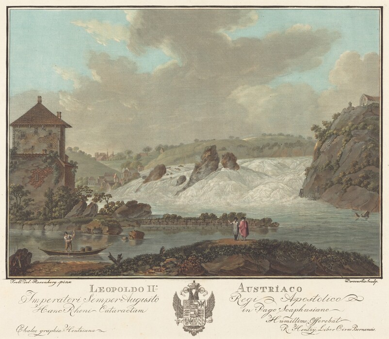 The image shows an elevated view of a landscape with a mixture of natural and man-made elements. The horizon is centrally positioned, blending into softly rolling hills and distant structures. A waterfall cascades down from the right side, with rocky outcroppings interrupting its flow. On the left, a stone building with a sloped roof stands near the water's edge. The brushstrokes are smooth, emphasizing details in the landscape and architectural elements. The color palette includes earthy tones with soft greens, browns, and grays, complemented by warm building colors. The sky is pale blue with a gentle gradient and fluffy clouds. Two figures in period clothing stand on a grassy bank, observing the scene, while a small boat with a rower floats in the calm water nearby. More structures and trees are visible in the distance, adding depth to the image.