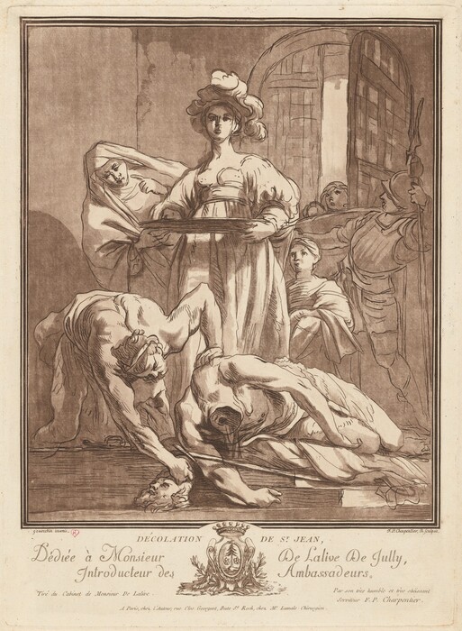 The image shows several individuals in a dramatic scene. A woman stands in the center holding a platter, with detailed features, an elaborate headdress, and a voluminous dress. Next to her, a figure supports her from behind while another kneels on the ground. A semi-nude man is contorted and a severed head lies nearby. In the background, a soldier in armor stands holding a spear near an archway. The scene is sketched in chiaroscuro style, depicting an interior with arched doors.