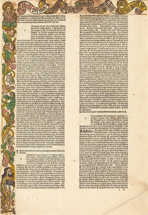 This is a photograph of a historical illuminated text page. The page features two columns of printed Latin text. Along the left side of the page is a decorative border with botanical motifs and figures colored in green, yellow, and pink. The calligraphic banner along the top of the page contains intricate medieval manuscript style text. The document suggests an origin in the early print period.
