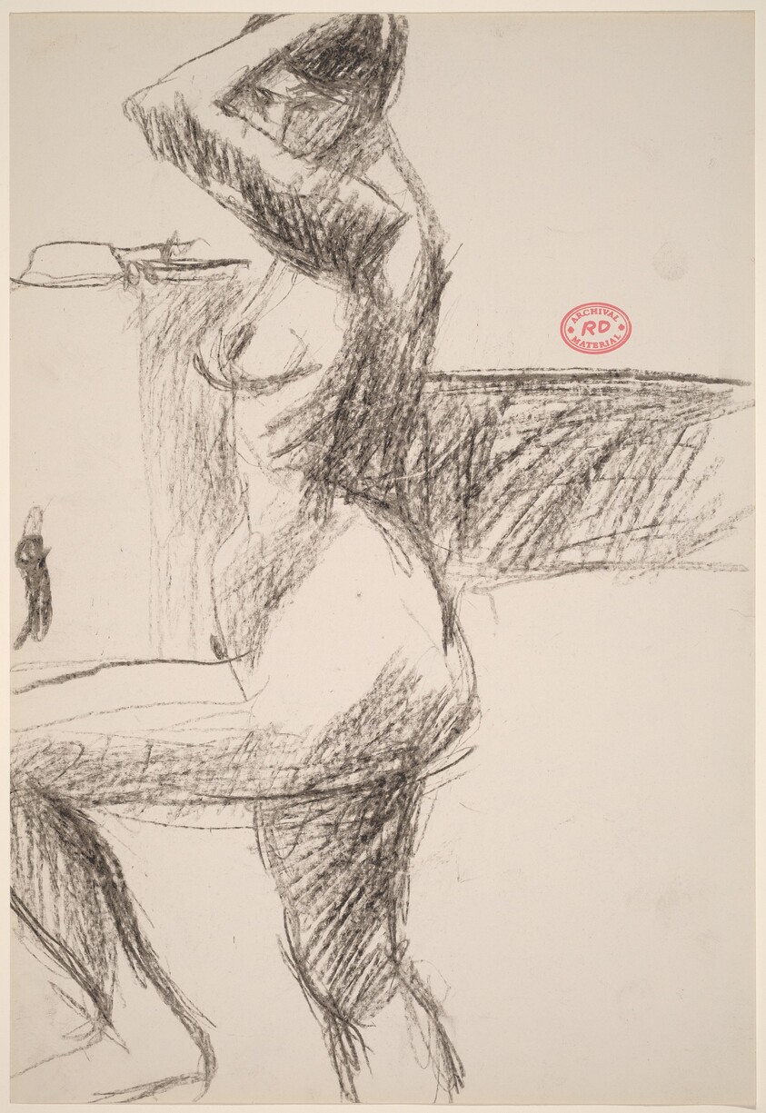 Untitled [side view of a nude raising her left arm and leg]