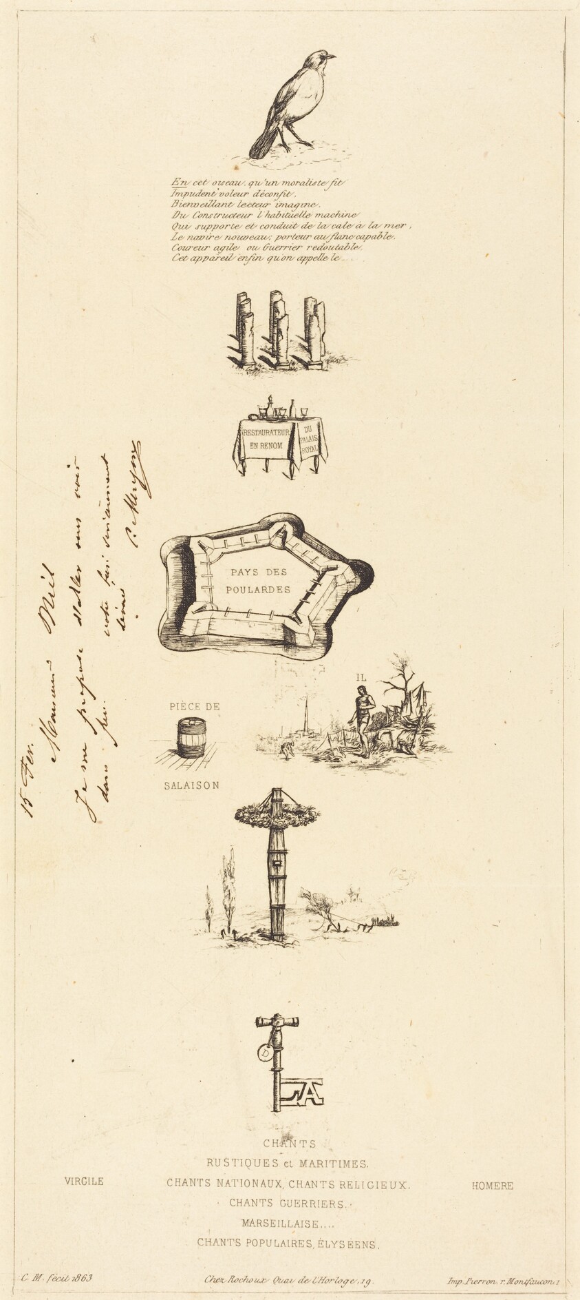 Rébus: "Béranger ne fut véritablement fort, car il n'eut jamais la clef des champs" (Rebus: "Beranger was not really strong, for he never had the key of the fields")