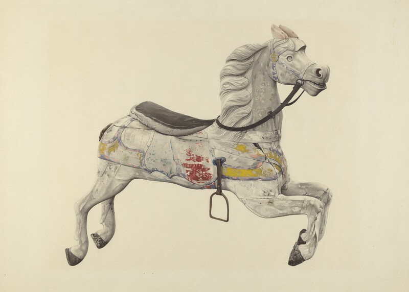 A carousel horse is drawn in graphite, colored pencil, and watercolor against a cream-white board in this horizontal illustration. The rendering is so detailed that at first (and even second) glance, it appears to be a photograph of the three-dimensional object. The white horse’s head is to the right, and its thick white mane blows back. Lines across the horse’s body suggest that the wood has split or it has been repaired over time. Traces of red, blue, pink, and yellow paint decorate the horse’s body where a blanket might lie across the back. Reins lead back from the horse’s parted lips and blocky teeth to reach the long, padded, dark gray seat. The stirrup we see emerges from the horse’s side. All four legs are lifted and hooves point lightly down and back.