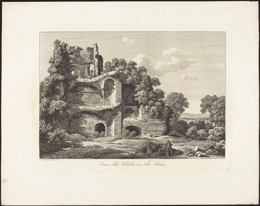 The image depicts an ancient ruin surrounded by trees and vegetation. The perspective is slightly elevated, showing the ruin, greenery, and hills in the distance. The artwork features intricate details of stone, foliage, and texture, using a monochromatic color palette of various shades of gray. Closest to the viewer are remnants of classical architecture partly covered by greenery, leading to a landscape with dense clusters of trees and a cloudy sky.