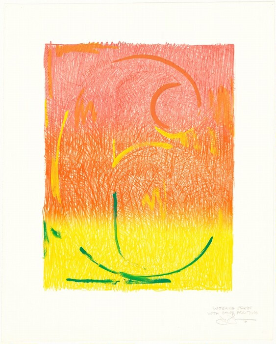 The image shows swirling lines and curves forming an abstract design. The dominant arc-like shapes are in orange and yellow transitioning into red. The background features crosshatched lines, adding texture. The curves and colors evoke a sense of warmth and growth.