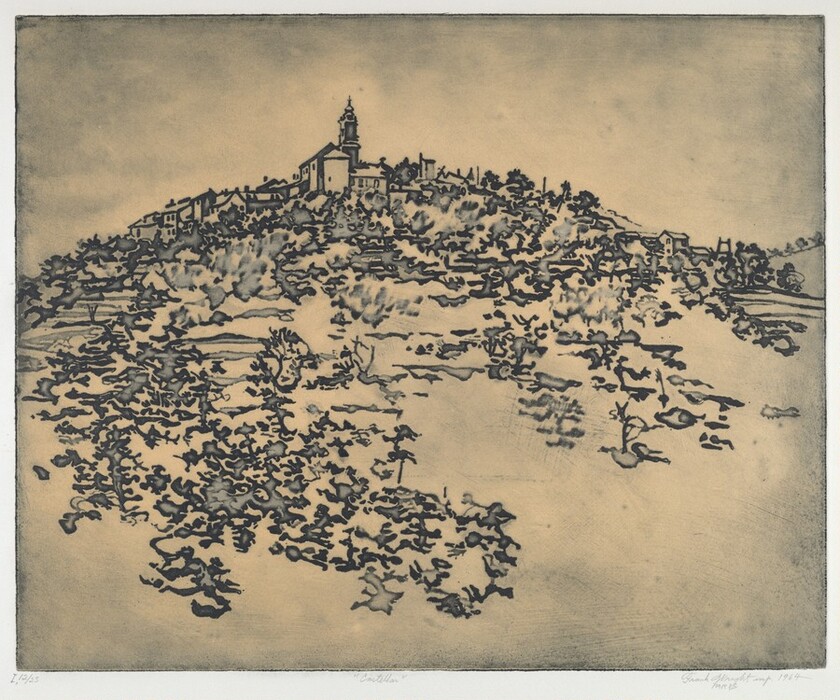 The image shows a landscape with a small village located on a hill. The view is slightly elevated, showing the land below the village sloping away. Buildings on the hilltop, including a church with a tall steeple, mark the horizon. The brushstrokes or ink markings suggest trees, vegetation, and structures. The color palette is muted, mainly sepia and black, giving the image an antiquated appearance. In the foreground, intricate forms imply an overgrown field or shrubbery, becoming less detailed towards the village. The background sky is depicted in soft tones, contrasting with the darker hilltop silhouette.