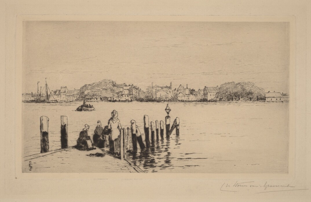 The image shows a waterside scene with figures on a dock. The horizon is depicted with buildings and trees. The scene has fine lines, cross-hatching for texture, and a monochromatic color scheme. A boat is seen in the water.