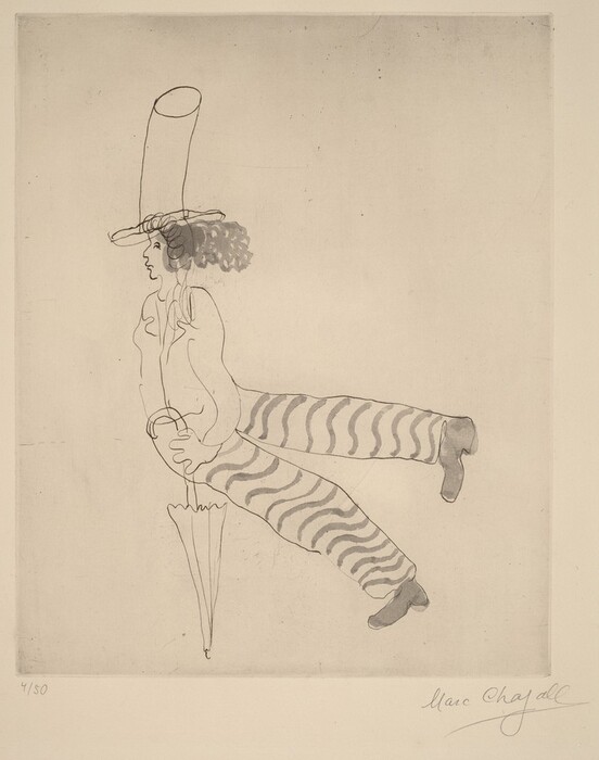 The image shows a person seated sideways, facing left with legs extended. The individual has notable facial features, curly hair, and a tall hat. They wear a striped jacket and pants with pointed shoes, while holding an umbrella upright in both hands. The background is plain.