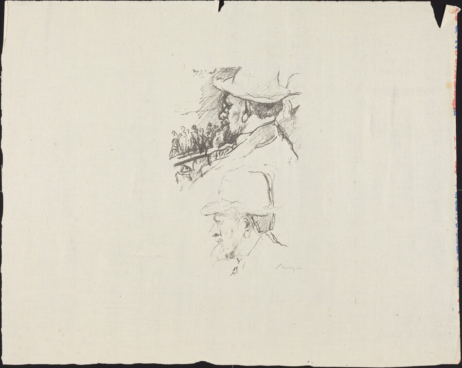 The image is a sketch featuring two partial profiles of a man. Both profiles show the man from the shoulders up, facing to the left. In the top sketch, the man has a prominent nose, a mustache, and curly hair under a wide-brimmed hat. The lower sketch also features the man in a similar hat with a rough line depiction of facial features including a mustache. Both sketches are bordered by rough lines at the bottom and top, resembling a railing or fence. In the background of the top sketch, there is an abstract sketch of a crowd, depicted with minimal lines. The background of the image is a plain light-colored canvas or paper. No jewelry or objects are present in the image.