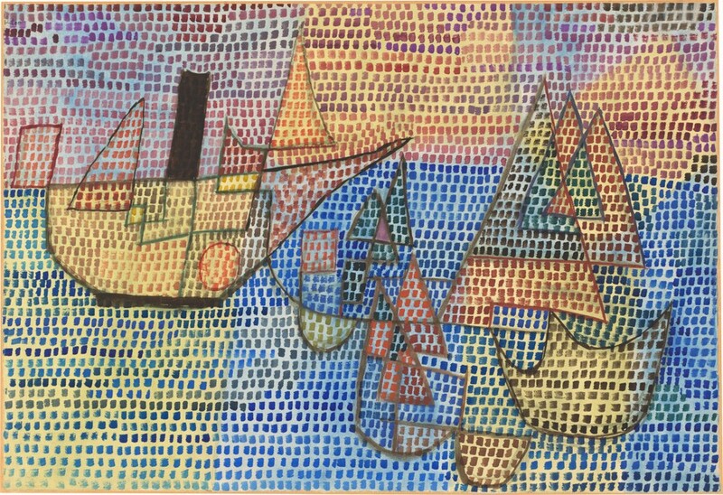 A horizontally oriented sheet of paper is entirely painted with a patchwork of rectangular, upright dashes in vivid watercolor. The hulls and sails of boats are outlined in olive green, brown, or brick red. A thick-hulled boat is to the left, and a cluster of intersecting and nested sails are to the right. The colors of the dashes change within and outside of the drawn lines. The dashes across the water are cobalt and ultramarine blue, and across the sky, dashes are shades of pink, red, and purple. Washes of pale blue and yellow create a background. The artist signed the top left corner, “Klee.”